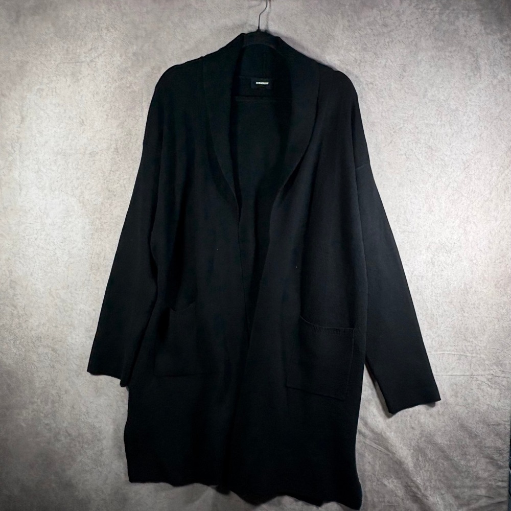 Monrow Cardigan Sweater Womens Large Black Open Front Knit Pockets Minimalist